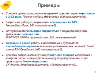 Примеры
 Средние сроки согласования внутренней документации сократились
в 2-2,5 раза. Геотек холдинг (Нефтегаз, 800 пользователей).
 Затраты на работу с документами сократились на 20%.
Метробанк (банк, 200 пользователей).
 Сотрудники стали быстрее справляться с текущими задачами,
тратя на них меньше сил.
ВНИПИЭТ (НИИ и производство, 500 пользователей).
 Сокращено время работы с документами у руководства,
высвобождено время на принятие управленческих решений. Завод
имени Я.М.Свердлова (400 пользователей).
 Для всех сотрудников ощутимо упростился процесс исполнения и
контроля задач, взаимодействие между подразделениями стало
происходить более оперативно.
СК Альянс-Энерджи (энергетика, 100 пользователей).
5
 