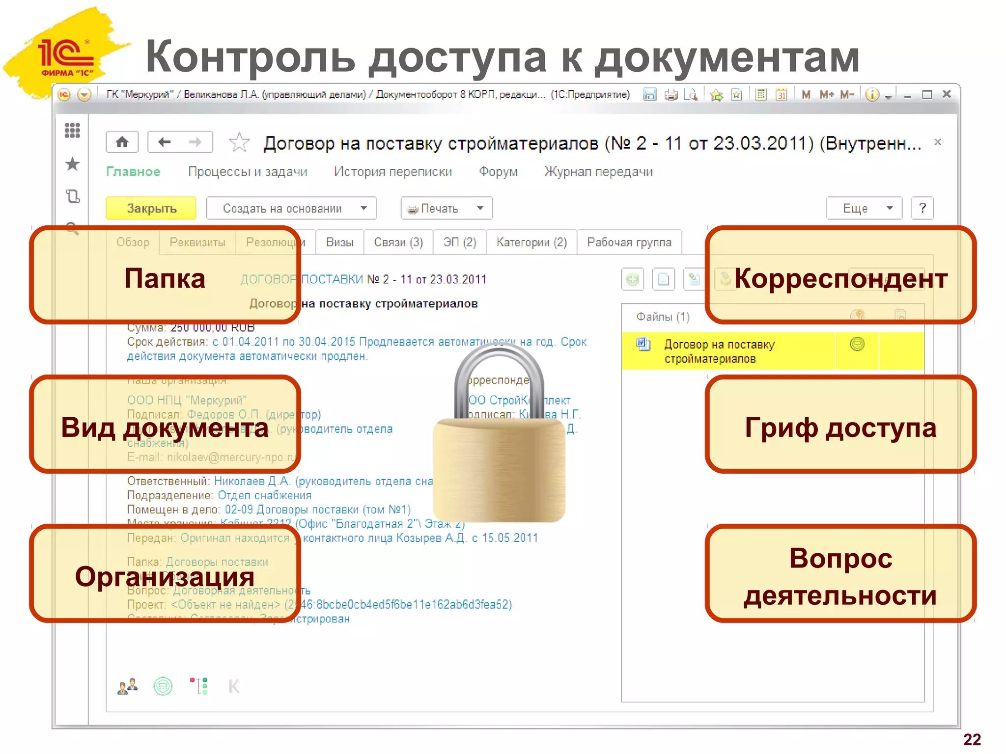 Контроль доступа к документам
22
Папка
Организация
Вид документа Гриф доступа
Вопрос
деятельности
Корреспондент
 