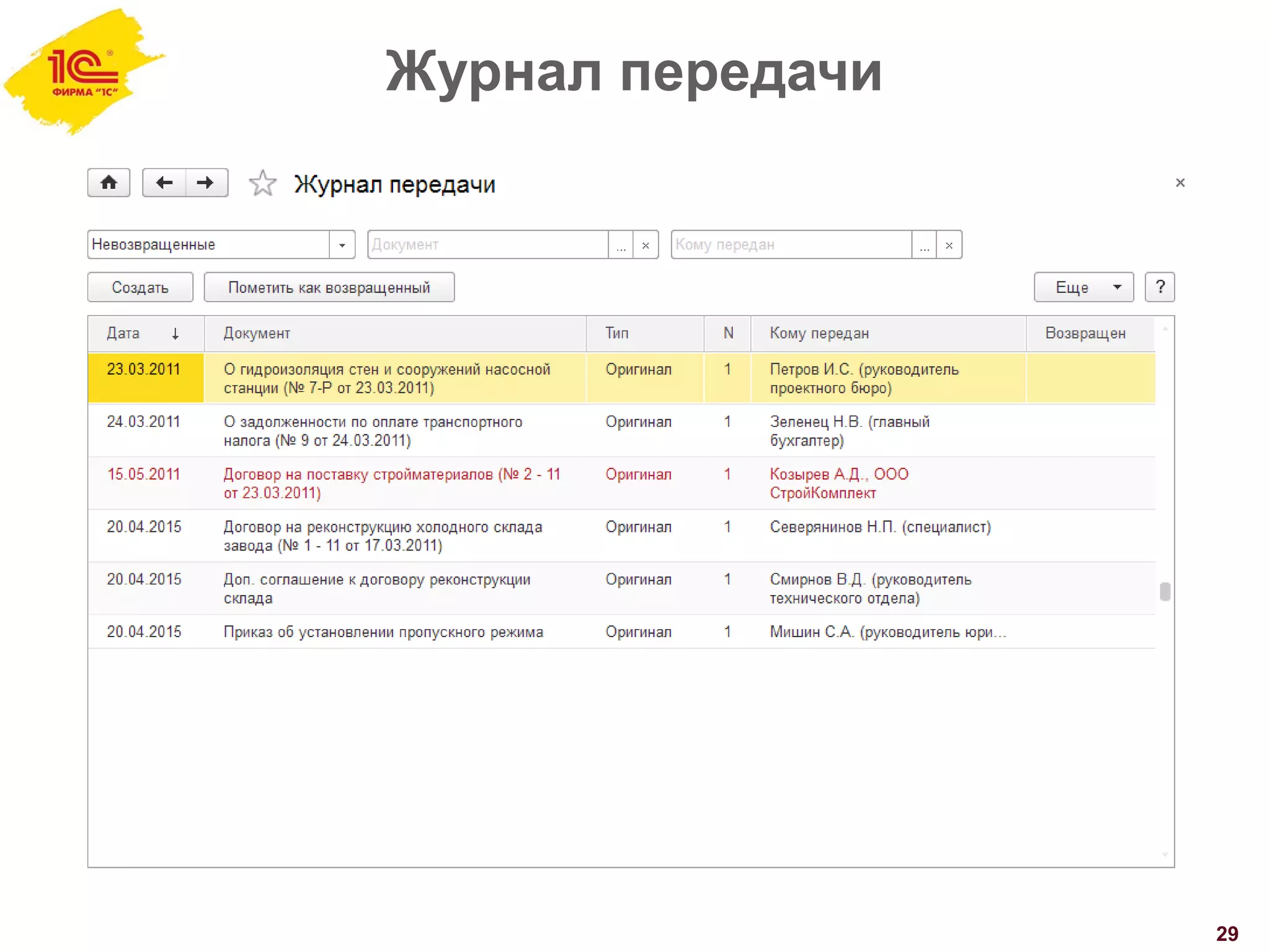 Журнал передачи
29
 
