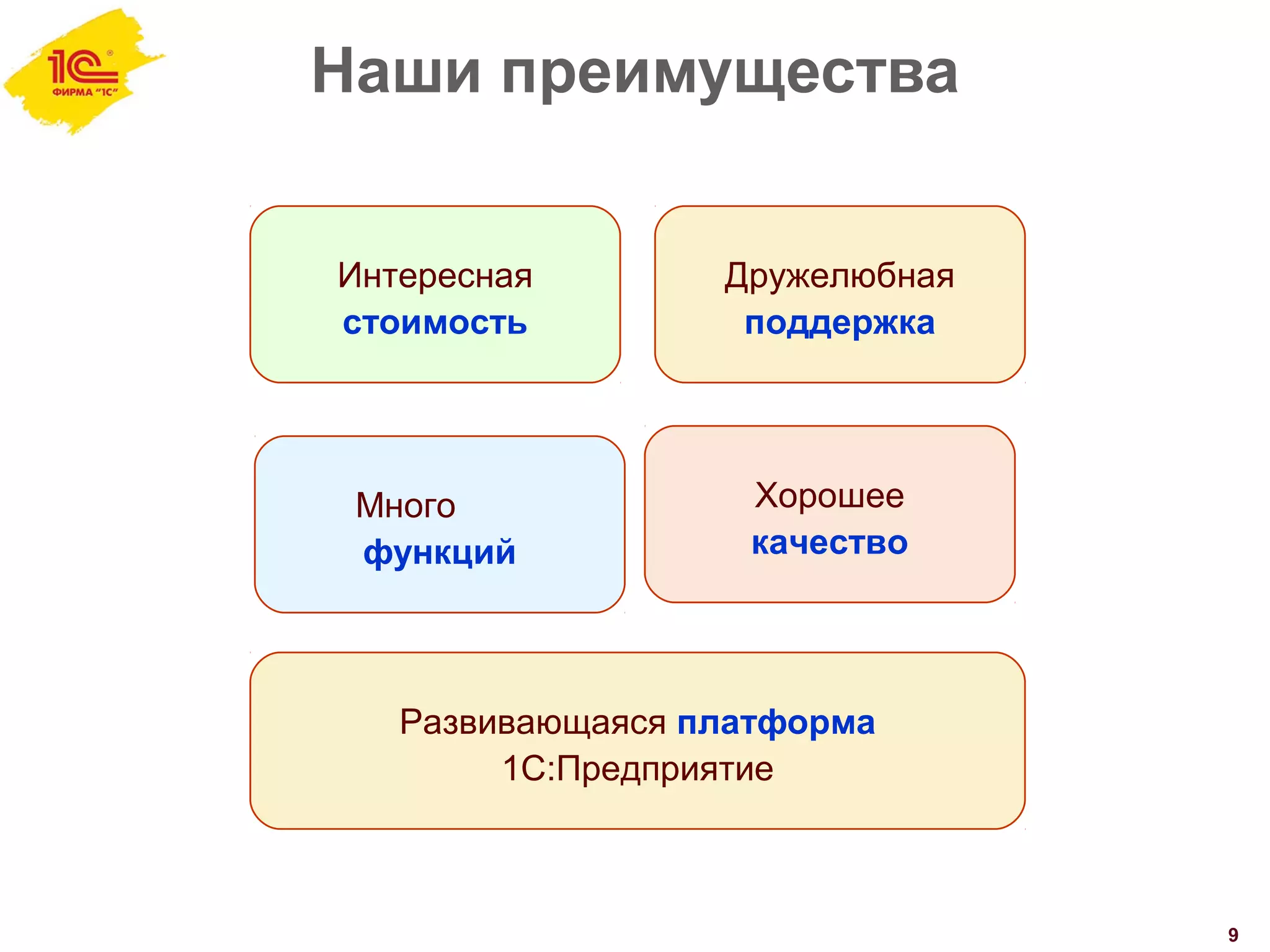 Наши преимущества
9
Развивающаяся платформа
1С:Предприятие
Много
функций
Интересная
стоимость
Хорошее
качество
Дружелюбная
поддержка
 