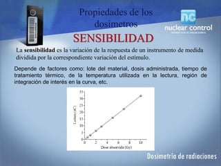 SENSIBILIDAD
La sensibilidad es la variación de la respuesta de un instrumento de medida
dividida por la correspondiente variación del estímulo.
Depende de factores como: lote del material, dosis administrada, tiempo de
tratamiento térmico, de la temperatura utilizada en la lectura, región de
integración de interés en la curva, etc.
Propiedades de los
dosímetros
 