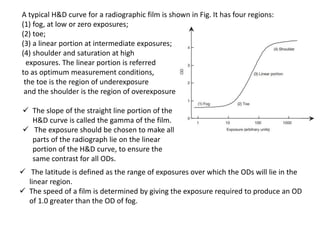 A typical H&D curve for a radiographic film is shown in Fig. It has four regions:
(1) fog, at low or zero exposures;
(2) toe;
(3) a linear portion at intermediate exposures;
(4) shoulder and saturation at high
exposures. The linear portion is referred
to as optimum measurement conditions,
the toe is the region of underexposure
and the shoulder is the region of overexposure.
 The slope of the straight line portion of the
H&D curve is called the gamma of the film.
 The exposure should be chosen to make all
parts of the radiograph lie on the linear
portion of the H&D curve, to ensure the
same contrast for all ODs.
 The latitude is defined as the range of exposures over which the ODs will lie in the
linear region.
 The speed of a film is determined by giving the exposure required to produce an OD
of 1.0 greater than the OD of fog.
 