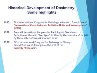 1925: First International Congress for Radiology in London. Foundation of
"International Commission on Radiation Units and Measurement"
(ICRU)
1928: Second International Congress for Radiology in Stockholm.
Definition of the unit “Roentgen” to identify the intensity of radiation
by the number of ion pairs formed in air.
1937: Fifth International Congress for Radiology in Chicago.
New definition of Roentgen as the unit of the
quantity "Exposure".
4
Historical Development of Dosimetry:
Some highlights
 