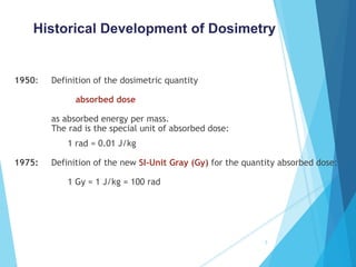 1950: Definition of the dosimetric quantity
absorbed dose
as absorbed energy per mass.
The rad is the special unit of absorbed dose:
1 rad = 0.01 J/kg
1975: Definition of the new SI-Unit Gray (Gy) for the quantity absorbed dose:
1 Gy = 1 J/kg = 100 rad
5
Historical Development of Dosimetry
 