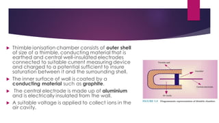  Thimble ionisation chamber consists of outer shell
of size of a thimble, conducting material that is
earthed and central well-insulated electrodes
connected to suitable current measuring device
and charged to a potential sufficient to insure
saturation between it and the surrounding shell.
 The inner surface of wall is coated by a
conducting material such as graphite.
 The central electrode is made up of aluminium
and is electrically insulated from the wall.
 A suitable voltage is applied to collect ions in the
air cavity.
 