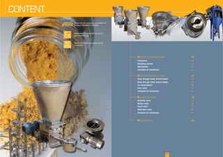 CONTENT
01
I 04
Volumetric
Weighing system
Microfeeder
Examples of realizations
I 15
Drop through rotary airlock feeder
Blow through rotary airlock feeder 22
For wood pellets 30
Dust valve 32
Examples of realizations
I 35
Butterfly valve 36
Rotary valve
Pinch valve
Slide gate valve
Examples of realizations
I 49
EXISTE
SUR
MESURE
Means that the equipment can be ins-
talled in ATEX zone
Means that design and options can be
customised
Means that the equipment is available for
testing at PALAMATIC PROCESS
 