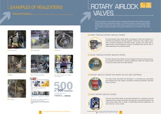 15
The main function of a rotary airlock valve is to regulate the flow from one chamber to another
while maintaining a good airlock condition. The material handled is usually dry free flowing
powder, dust or granules. The rotary airlock valves are mainly used in the dust filtration field,
the pneumatic conveying industry, for the pressure differentials or to control the rotor-stator
gap.
F
F
F
F
The blow through rotary feeder has been designed to feed and convey bulk pro-
to clog, this airlock valve is the ideal solution.
The drop through rotary airlock feeder are designed to feed and discharge in a
controlled way powdery or granular products coming from silos, hoppers, pneu-
matic conveying installations, bag filters houses, cyclones. This rotary valve is
adapted when a high throughput is required. The effective flow rate are very va-
riable depending on the products flowing.
This rotary airlock valve feeds and discharges, in a controlled way, wood pellets
and chippings from silos, hoppers, pneumatic conveying installations, bag filter
houses, cyclones.
The dust rotary airlock feeder are specially dedicated for a combined using with
separators of silos, hopper, dust filters, dust cyclones or even dosing systems. This
rotary airlock feeder suits to simple or undemanding industrial applications. Its
main function is to be a airlock.
ROTARY AIRLOCK
VALVES
500
14
EXAMPLES OF REALIZATIONS
Industrial feeders
F Cleaning products F StationeryF
F
water treatment
F
www.youtube.com/user/Palamaticpro-
cess
F Insecticides
+ de 500 installations
of feeding equipment in
and ABROAD
FF
r engineering of ce is at o r disposal for an speci c options.
EXISTE
SUR
MESURE
www.palamaticprocess.com/powder-machine/powder-dosing/rotar - al e
Downloadable videos & plans on our website
 