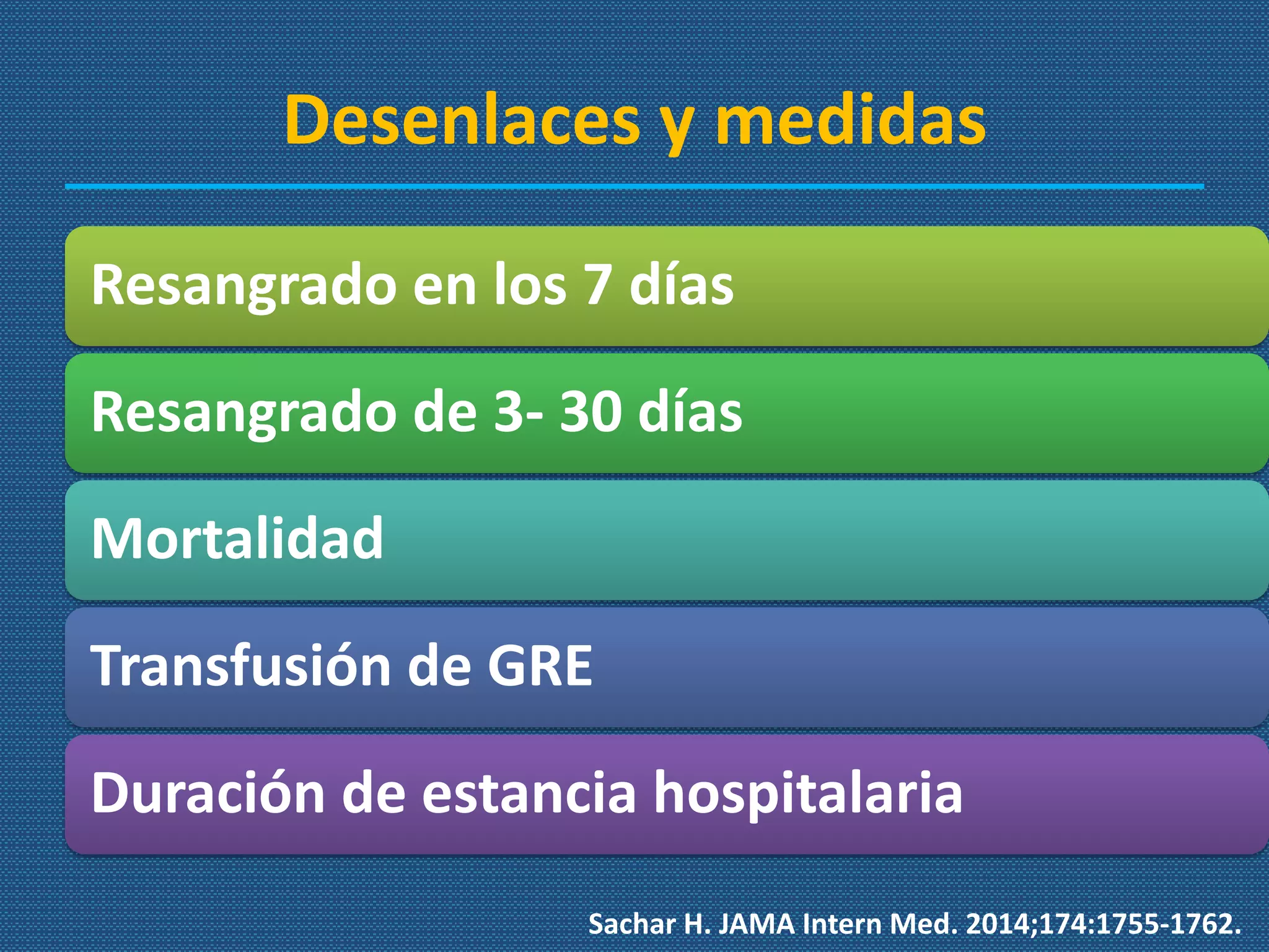 Desenlaces y medidas
Resangrado en los 7 días
Resangrado de 3- 30 días
Mortalidad
Transfusión de GRE
Duración de estancia hospitalaria
Sachar H. JAMA Intern Med. 2014;174:1755-1762.
 