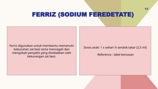 FERRIZ (SODIUM FEREDETATE)
13
Dosis anak: 1 x sehari ½ sendok takar (2,5 ml)
Reference : label kemasan
Ferriz digunakan untuk membantu memenuhi
kebutuhan zat besi serta mencegah dan
mengobati penyakit yang disebabkan oleh
kekurangan zat besi.
 