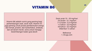 VITAMIN B6
29
Dosis anak 10 – 50 mg/hari
0-6 bulan : 0,1 mg/hari
7-12 bulan : 0,3 mg/hari
1-3 tahun : 0,4 mg/hari
4-8 tahun : 0,5 mg/hari
Diberikan 1x sehari
Reference
1. Drugs.com
Vitamin B6 adalah nutrisi yang penting bagi
perkembangan otak, saraf, kulit. Vitamin ini
juga penting untuk proses pembentukan energi
dari lemak, protein, dan karbohidrat, antibodi,
dan sel darah merah, serta untuk menjaga
keseimbangan kadar gula darah
 