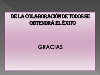 DE LA COLABORACIÓN DE TODOS SE
       OBTENDRÁ EL ÉXITO



          GRACIAS
 