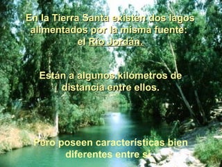 En la Tierra Santa existen dos lagos alimentados por la misma fuente:  el  Río Jordán. Están a algunos kilómetros de distancia entre ellos. Pero poseen características bien diferentes entre sí.   