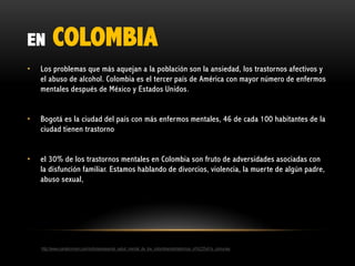 EN

COLOMBIA

•

Los problemas que más aquejan a la población son la ansiedad, los trastornos afectivos y
el abuso de alcohol. Colombia es el tercer país de América con mayor número de enfermos
mentales después de México y Estados Unidos.

•

Bogotá es la ciudad del país con más enfermos mentales, 46 de cada 100 habitantes de la
ciudad tienen trastorno

•

el 30% de los trastornos mentales en Colombia son fruto de adversidades asociadas con
la disfunción familiar. Estamos hablando de divorcios, violencia, la muerte de algún padre,
abuso sexual,

http://www.canalrcnmsn.com/noticias/especial_salud_mental_de_los_colombianostrastornos_m%C3%A1s_comunes

 
