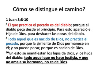 Cómo se distingue el camino? 
1 Juan 3:8-10 
8 El que practica el pecado es del diablo; porque el 
diablo peca desde el principio. Para esto apareció el 
Hijo de Dios, para deshacer las obras del diablo. 
9 Todo aquel que es nacido de Dios, no practica el 
pecado, porque la simiente de Dios permanece en 
él; y no puede pecar, porque es nacido de Dios. 
10 En esto se manifiestan los hijos de Dios, y los hijos 
del diablo: todo aquel que no hace justicia, y que 
no ama a su hermano, no es de Dios. 
 