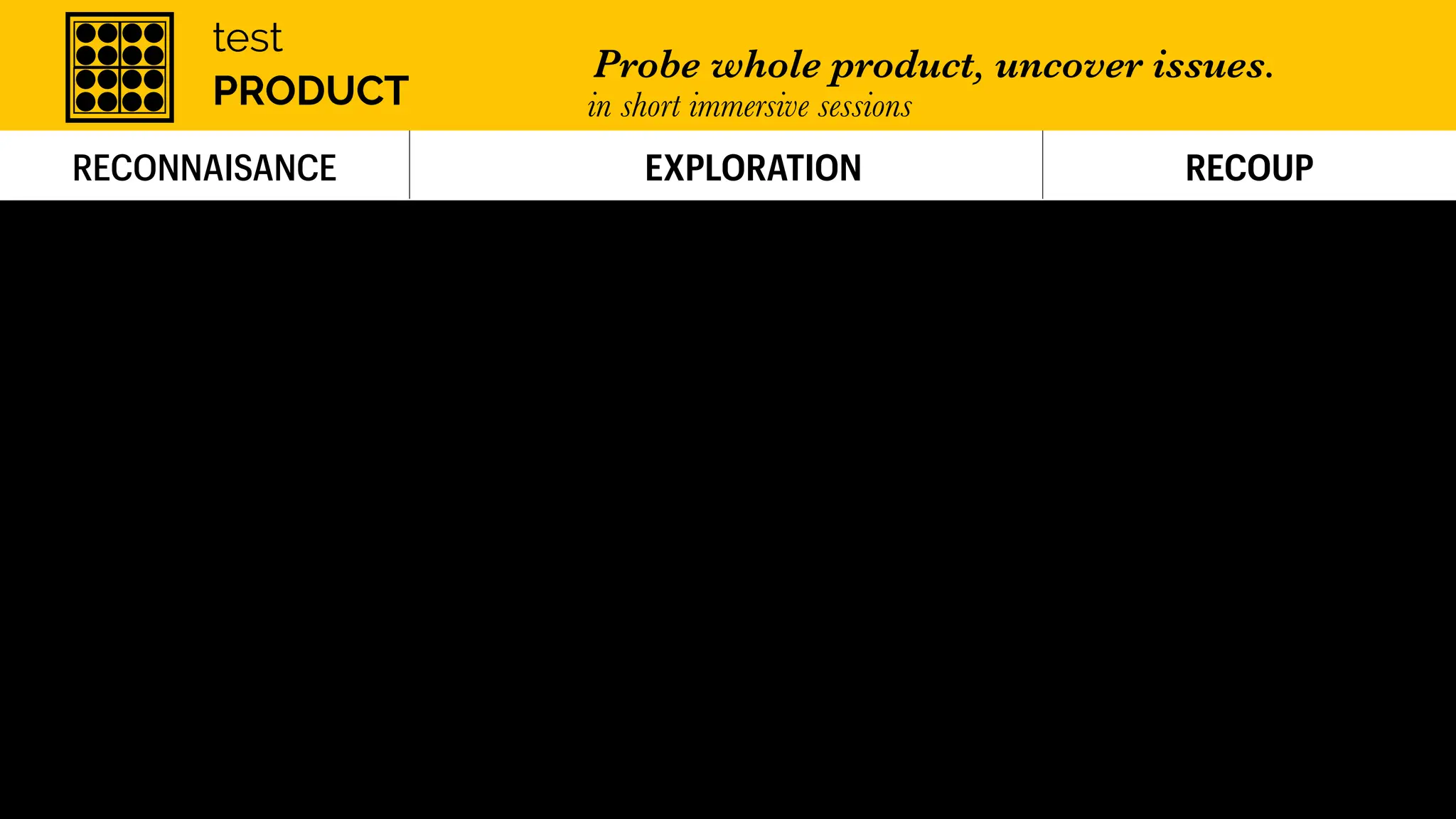 PRODUCT
Probe whole product, uncover issues.
in short immersive sessions
 