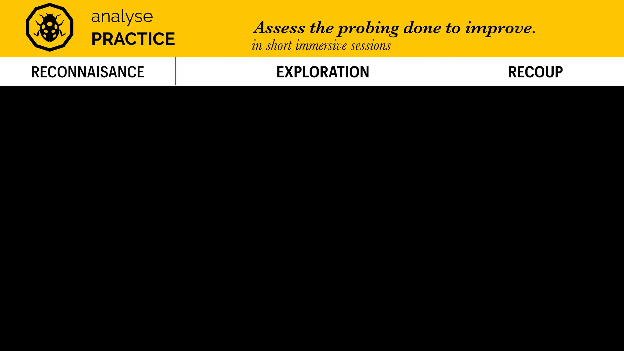 RECONNAISANCE EXPLORATION RECOUP
analyse
PRACTICE
Assess the probing done to improve.
in short immersive sessions
 