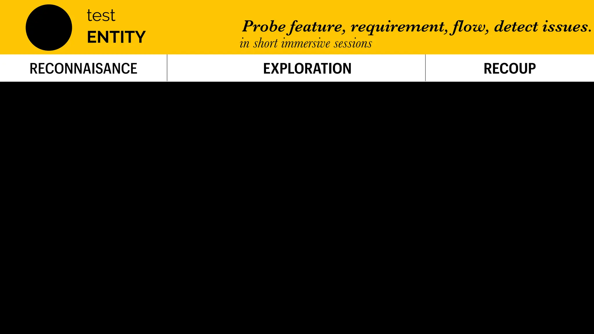ENTITY
Probe feature, requirement, flow, detect issues.
in short immersive sessions
 