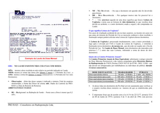 •
•
•

ND - Não Devolvido - Ou seja o dosímetro em questão não foi devolvido
para leitura;
DD - Dose Desconhecida - Por qualquer motivo não foi possível ler o
Dosímetro;
* - Um asterisco seguido de uma dose significa que houve Leitura de
Urgência, e neste caso as leituras de dois dosímetros (o que recebeu dose
devido ao acidente, e o outro dosímetro usado a seguir), são computadas no
Laudo.

O que significa Leitura de Urgência?
Em casos de irradiação acidental de um ou mais usuários, ou mesmo em casos em
que antes do término do Período de Uso se necessite conhecer a dose recebida, a
Instituição sempre poderá solicitar uma Leitura de Urgência desses dosímetros.
A Leitura de Urgência é processada imediatamente, com a maior prioridade, e
logo após é enviado por FAX o Laudo de Leitura de Urgência., e remetido à
Instituição novos dosímetros, da mesma cor, que deverão ser usados até o fim do
Período de Uso. No Laudo de Doses Mensal, estes dosímetros são marcados com
asterisco ( * ) antes das suas Leituras, indicando a soma de doses de dois
dosímetros.
Exemplo de Laudo de Dose Mensal

OBS:

NO LAUDO EXISTEM TRES COLUNAS COM DOSES:

MÊS: mostra a dose recebida no mês relativo ao período indicado no Laudo.
TRIM: mostra as somas das doses dos últimos 3 meses ( 3 Períodos de Uso) , e
ANO: mostra a soma dos últimos 12 meses consecutivos ( 12 Períodos de Uso ) dos
Dosímetros.
•

Observações: Além das doses sempre é indicado o número Total de usuários
monitorados, a Soma das Doses da coluna mês, Dados de Controle da PRORAD e a Data de Retorno da Remessa.
ABREVIATURAS USADAS
•

BG - Background ou Radiação de Fundo - Neste caso a Dose é menor que 0,2
mSv;

Quais são os Limites Primários Anuais?
Os Limites Primários Anuais de Dose Equivalente substituem o antigo conceito
de Dose Máxima Permissível, e são valores estipulados pelas Diretrizes Básicas
de Radioproteção da CNEN (Norma CNEN NE3.01 de 07/88 - DOU 12/88) - que
não devem ser ultrapassados por trabalhadores ou indivíduos do público durante
12 meses consecutivos.
DOSE EQUIVALENTE
Dose equivalente efetiva
Dose equivalente para a pele
Dose equivalente para cristalino
Dose equivalente p/extremidades

TRABALHADOR
50 mSv (5 REM )
500 mSv ( 50 REM )
150 mSv (15 REM)
500 mSv (50 REM )

PÚBLICO
1 mSv (0,1 REM)
50 mSv (5 REM )
50 mSv (5 REM )
50 mSv (5 REM )

•

As doses lidas nos dosímetros da Pro-Rad servem justamente para verificar se
o usuário recebeu doses menores ou maiores do que as estabelecidas pela
norma.

•

É importante frisar que de acordo com a Lei 6.514 de 22/12/77, portaria 3214
de 08 de Junho de 1978 e portaria 4 de 11 de abril de 1994, está previsto

4
PRO RAD – Consultores em Radioproteção Ltda.

 