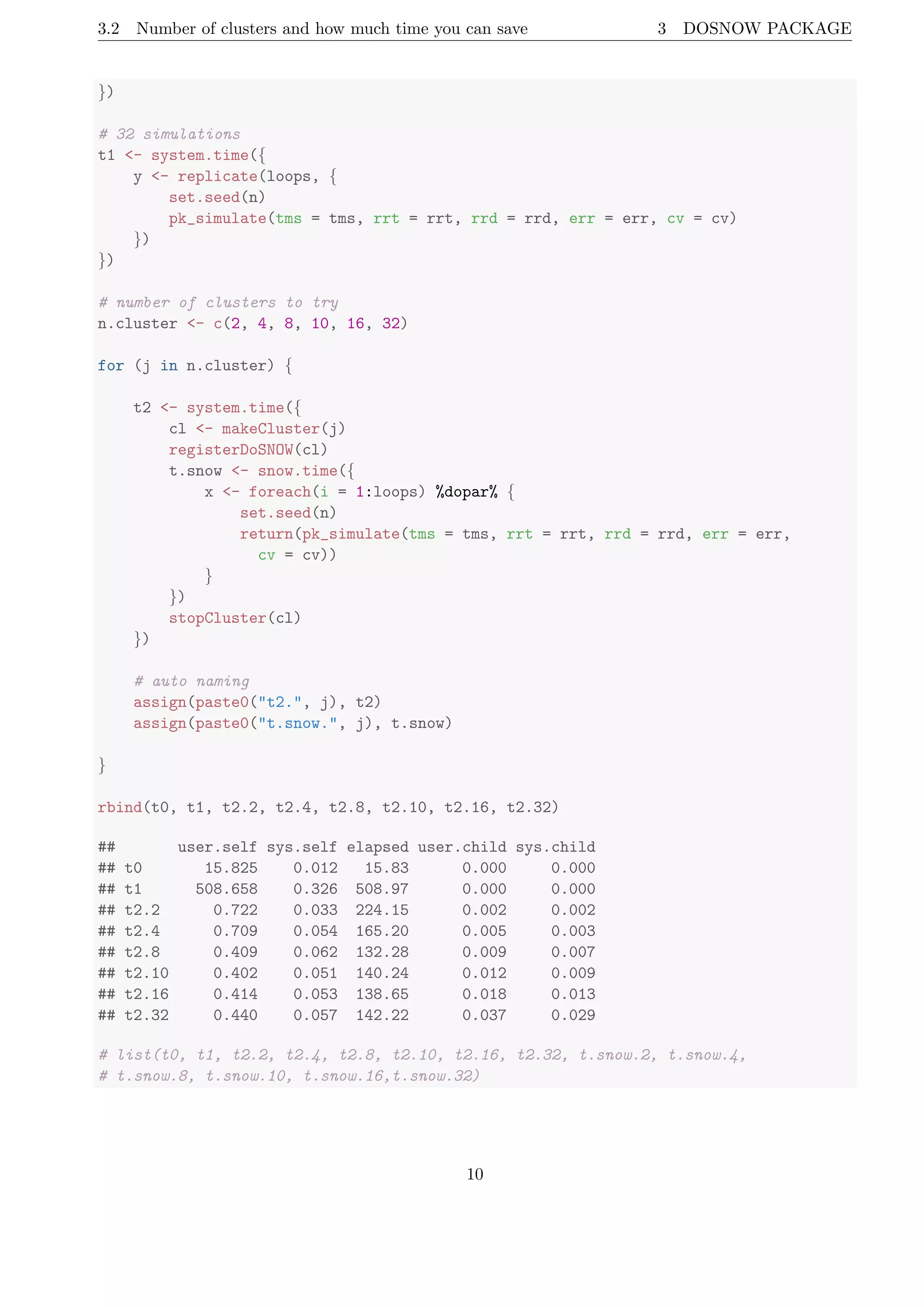 3.2 Number of clusters and how much time you can save 3 DOSNOW PACKAGE
})
# 32 simulations
t1 <- system.time({
y <- replicate(loops, {
set.seed(n)
pk_simulate(tms = tms, rrt = rrt, rrd = rrd, err = err, cv = cv)
})
})
# number of clusters to try
n.cluster <- c(2, 4, 8, 10, 16, 32)
for (j in n.cluster) {
t2 <- system.time({
cl <- makeCluster(j)
registerDoSNOW(cl)
t.snow <- snow.time({
x <- foreach(i = 1:loops) %dopar% {
set.seed(n)
return(pk_simulate(tms = tms, rrt = rrt, rrd = rrd, err = err,
cv = cv))
}
})
stopCluster(cl)
})
# auto naming
assign(paste0("t2.", j), t2)
assign(paste0("t.snow.", j), t.snow)
}
rbind(t0, t1, t2.2, t2.4, t2.8, t2.10, t2.16, t2.32)
## user.self sys.self elapsed user.child sys.child
## t0 15.825 0.012 15.83 0.000 0.000
## t1 508.658 0.326 508.97 0.000 0.000
## t2.2 0.722 0.033 224.15 0.002 0.002
## t2.4 0.709 0.054 165.20 0.005 0.003
## t2.8 0.409 0.062 132.28 0.009 0.007
## t2.10 0.402 0.051 140.24 0.012 0.009
## t2.16 0.414 0.053 138.65 0.018 0.013
## t2.32 0.440 0.057 142.22 0.037 0.029
# list(t0, t1, t2.2, t2.4, t2.8, t2.10, t2.16, t2.32, t.snow.2, t.snow.4,
# t.snow.8, t.snow.10, t.snow.16,t.snow.32)
10
 