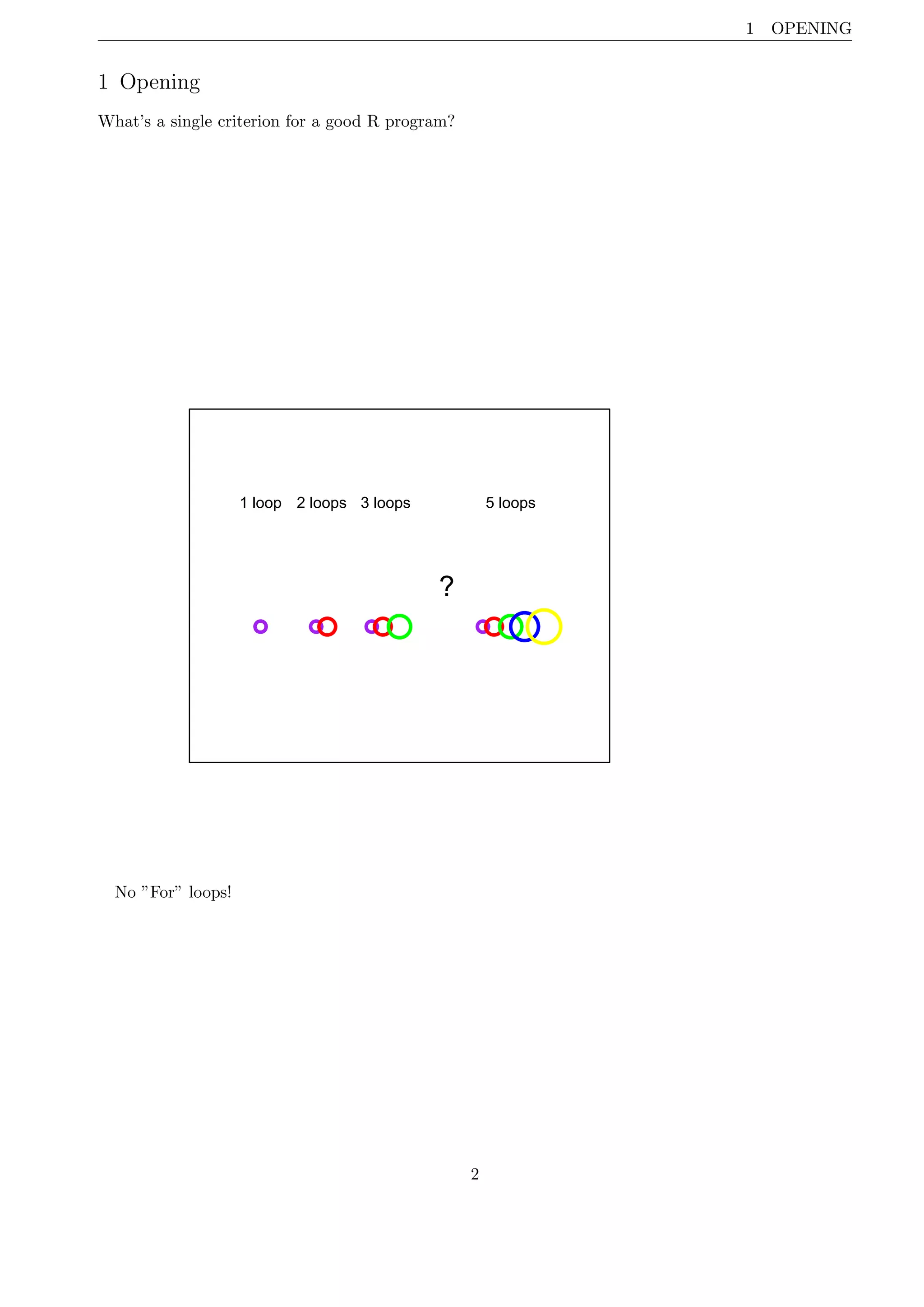 1 OPENING
1 Opening
What’s a single criterion for a good R program?
1 loop 2 loops 3 loops 5 loops
?
No ”For” loops!
2
 