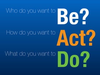 Be?
Act?
Do?
Who do you want to
How do you want to
What do you want to
 