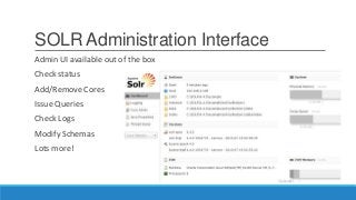SOLR Administration Interface
Admin UI available out of the box
Check status
Add/Remove Cores
Issue Queries
Check Logs
Modify Schemas
Lots more!
 