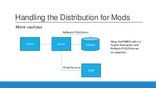 Handling the Distribution for Mods
Client Server
SOLR
RDBMS
Wrap the RDBMS call in a
System.Transaction and
Rollback if SOLR throws
an exception.
Rollback if SOLR error
Check for error
More cautious
 