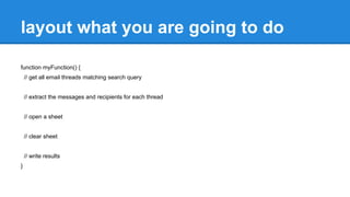 layout what you are going to do 
function myFunction() { 
// get all email threads matching search query 
// extract the messages and recipients for each thread 
// open a sheet 
// clear sheet 
// write results 
} 
 