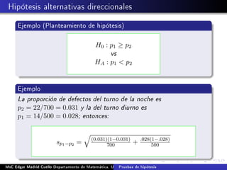 Hipótesis alternativas direccionales
Ejemplo (Planteamiento de hipótesis)
H0 : p1 ≥ p2
vs
HA : p1  p2
Ejemplo
La proporción de defectos del turno de la noche es
p2 = 22/700 = 0.031 y la del turno diurno es
p1 = 14/500 = 0.028; entonces:
sp1−p2 = (0.031)(1−0.031)
700 + .028(1−.028)
500
MsC Edgar Madrid Cuello Departamento de Matemática, UNISUCRE Estadística IIPruebas de hipótesis
 