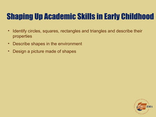 Shaping Up Academic Skills in Early Childhood
• Identify circles, squares, rectangles and triangles and describe their
properties
• Describe shapes in the environment
• Design a picture made of shapes
 
