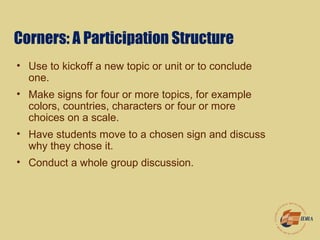Corners: A Participation Structure
• Use to kickoff a new topic or unit or to conclude
one.
• Make signs for four or more topics, for example
colors, countries, characters or four or more
choices on a scale.
• Have students move to a chosen sign and discuss
why they chose it.
• Conduct a whole group discussion.
 