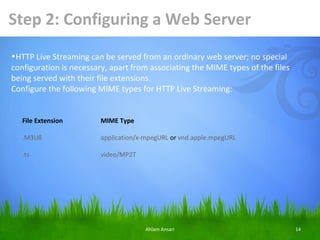 Step 2: Configuring a Web Server
•HTTP Live Streaming can be served from an ordinary web server; no special
configuration is necessary, apart from associating the MIME types of the files
being served with their file extensions.
Configure the following MIME types for HTTP Live Streaming:


   File Extension        MIME Type

   .M3U8                 application/x-mpegURL or vnd.apple.mpegURL

   .ts                   video/MP2T




                                      Ahlam Ansari                               14
 