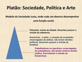 Platão: Sociedade, Política e Arte
Modelo da Sociedade Justa, onde cada um deveria desempenhar
uma função social.
Filósofos: mente do Estado. Deveriam possuir a
virtude da sabedoria.
Guerreiros : o peito, o coração da sociedade;
encarregados da defesa; não teriam direitos
políticos. Deveriam possuir a virtude da
fortaleza
Trabalhadores ou operários: encarregados
da subsistência, não teriam nenhum direito
político. Exercitariam a virtude da
temperança.
 