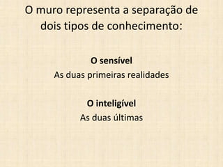 O muro representa a separação de
dois tipos de conhecimento:
O sensível
As duas primeiras realidades
O inteligível
As duas últimas
 