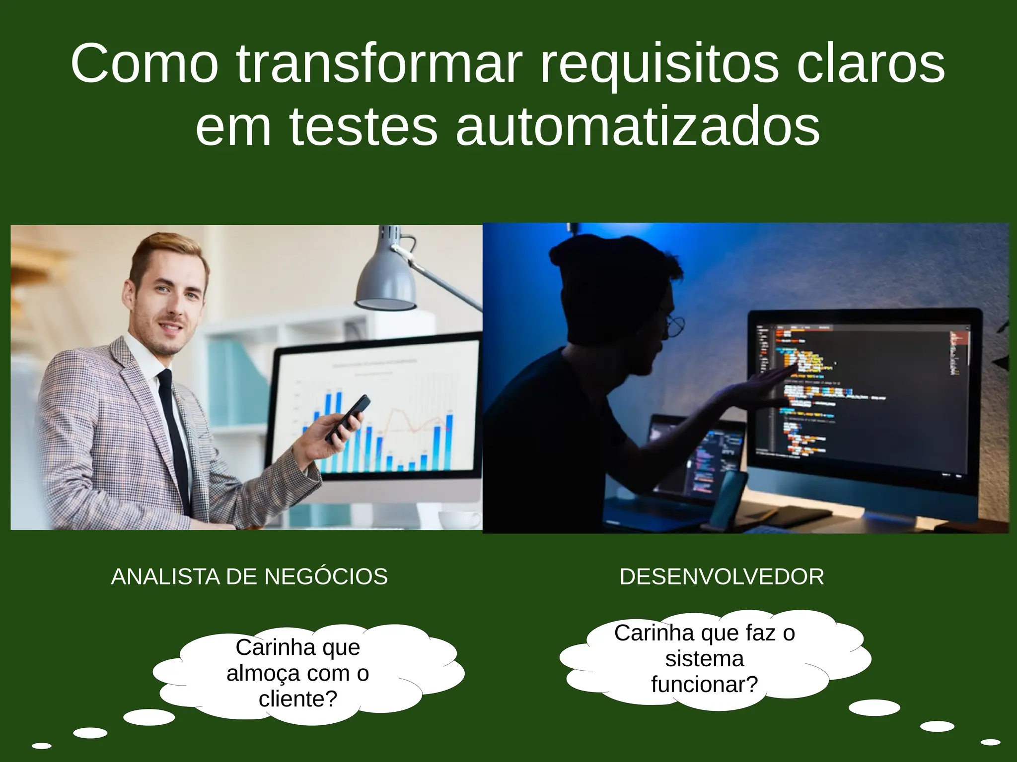 Como transformar requisitos claros
em testes automatizados
ANALISTA DE NEGÓCIOS DESENVOLVEDOR
Carinha que
almoça com o
cliente?
Carinha que faz o
sistema
funcionar?
 