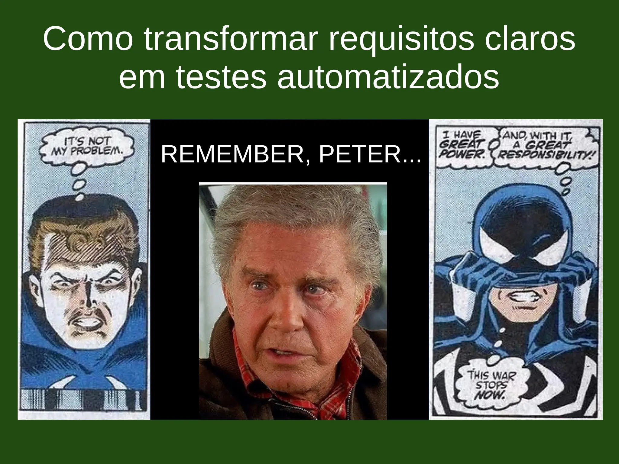 Como transformar requisitos claros
em testes automatizados
REMEMBER, PETER...
 