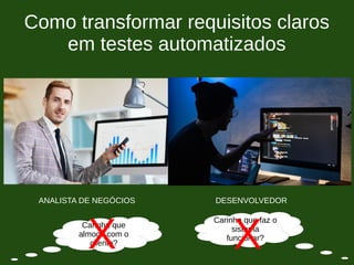 Como transformar requisitos claros
em testes automatizados
ANALISTA DE NEGÓCIOS DESENVOLVEDOR
Carinha que
almoça com o
cliente?
Carinha que faz o
sistema
funcionar?
X X
 