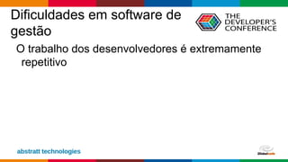 Globalcode – Open4education
Dificuldades em software de
gestão
O trabalho dos desenvolvedores é extremamente
repetitivo
 