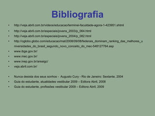 Bibliografia http://veja.abril.com.br/videos/educacao/terminei-faculdade-agora-1-423951.shtml  http://veja.abril.com.br/especiais/jovens_2003/p_064.html http://veja.abril.com.br/especiais/jovens_2004/p_082.html http://oglobo.globo.com/educacao/mat/2008/09/08/federais_dominam_ranking_das_melhores_universidades_do_brasil_segundo_novo_conceito_do_mec-548127764.asp www.ibge.gov.br/  www.mec.gov.br/  www.inep.gov.br/areaigc/  veja.abril.com.br/  Nunca desista dos seus sonhos -  Augusto Cury - Rio de Janeiro: Sextante, 2004 Guia do estudante, atualidades vestibular 2009 – Editora Abril, 2008 Guia do estudante, profissões vestibular 2009 – Editora Abril, 2009 