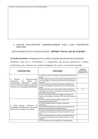 entender a sua importância no processo do ensino aprendizagem.
 ANEXAR DOCUMENTOS COMPROBATÓRIOS PARA CADA PARÂMETRO
INDICADO.
DETALHAMENTO DA AUTOAVALIAÇÃO - PRÊMIO “ESCOLA DE QUALIDADE” –
b) Gestão de pessoas: Abrange processos e práticas de gestão dos profissionais da educação:
Estabelece como foco o envolvimento e o compromisso das pessoas (professores e demais
profissionais, pais e alunos) com o projeto pedagógico da escola e as inovações na gestão.
PARÂMETRO CRITÉRIO
MARQUE
APENAS UMA
ALTERNATIVA
# Promove o desenvolvimento
profissional em relação aos
conhecimentos, habilidades e atitudes,
através de ações de formação continuada
com base nas necessidades identificadas.
1. Não houve ações de formação continuada promovidas pela
escola.
2. Houve apenas uma ação de formação continuada com base
nas necessidades e envolveu menos de 50% dos profissionais
da escola.
3. Houve apenas cinco ações de formação continuada com
base nas necessidades, envolvendo 50% dos profissionais da
escola.
4. Houve mais de cinco e menos de dez ações de formação
continuada com base nas necessidades, envolvendo mais 50%
dos profissionais da escola.
x
5. Houve mais de dez ações de formação continuada com
base nas necessidades, envolvendo 100% dos profissionais da
escola.
# Adota práticas avaliativas do
desempenho de professores e dos demais
profissionais, ao longo do ano letivo.
1. Não foi realizada nenhuma prática avaliativa do
desempenho dos profissionais.
2. Foram realizadas práticas avaliativas apenas dos
professores.
3. Foram realizadas práticas avaliativas do desempenho dos
profissionais da educação pela equipe gestora.
4. Foram realizadas práticas avaliativas do desempenho dos
profissionais da educação pelo Conselho Escolar 1 vez por
ano.
5. Foram realizadas práticas avaliativas do desempenho dos
profissionais da educação pelo Conselho Escolar 1 vez por
semestre.
1. Não promove ações de valorização e reconhecimento.
 