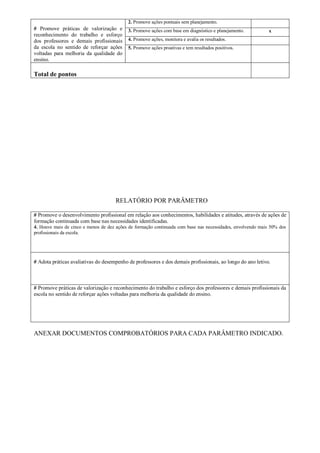# Promove práticas de valorização e
reconhecimento do trabalho e esforço
dos professores e demais profissionais
da escola no sentido de reforçar ações
voltadas para melhoria da qualidade do
ensino.
2. Promove ações pontuais sem planejamento.
3. Promove ações com base em diagnóstico e planejamento. x
4. Promove ações, monitora e avalia os resultados.
5. Promove ações proativas e tem resultados positivos.
Total de pontos
RELATÓRIO POR PARÂMETRO
# Promove o desenvolvimento profissional em relação aos conhecimentos, habilidades e atitudes, através de ações de
formação continuada com base nas necessidades identificadas.
4. Houve mais de cinco e menos de dez ações de formação continuada com base nas necessidades, envolvendo mais 50% dos
profissionais da escola.
# Adota práticas avaliativas do desempenho de professores e dos demais profissionais, ao longo do ano letivo.
# Promove práticas de valorização e reconhecimento do trabalho e esforço dos professores e demais profissionais da
escola no sentido de reforçar ações voltadas para melhoria da qualidade do ensino.
ANEXAR DOCUMENTOS COMPROBATÓRIOS PARA CADA PARÂMETRO INDICADO.
 