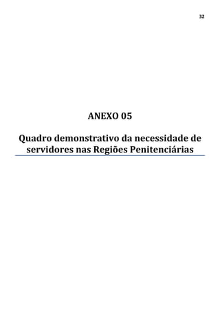 32
ANEXO 05
Quadro demonstrativo da necessidade de
servidores nas Regiões Penitenciárias
 