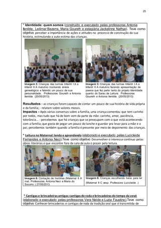 25
* Identidade: quem somos (construído e executado pelas professoras Antonia
Ilenilde, Leilimar Bezerra, Maria Goureth e estagiária Jackelinne Nathya). Teve como
objetivo perceber a importância de ações e atitudes no processo de construção da sua
história, estimulando a auto-estima das crianças.
Imagem 3: Crianças das turmas Infantil I A e
Infantil II A matutino montando árvore
genealógica e falando um pouco de sua
personalidade. Professoras Goureth e Antonia
Ilenilde. (20/05/2013)
Imagem 3: Crianças das turmas Infantil I A e
Infantil II A matutino fazendo apresentação de
poesia que fez parte tanto do projeto Identidade
quanto do Sarau de Leitura. Professoras
Goureth e Antonia Ilenilde. (20/05/2013)
Resultados - as crianças foramcapazes de contar um pouco de sua história de vida própria
e da família; - relatam sobre valores morais.
Impactos - Após várias conversas sobre a família, uma criança comentou que tem carinho
por todos, mas tudo que há de bom vem da parte da mãe: carinho, amor, paciência,
tolerância... - percebemos que há crianças que se preocupam com o que está acontecendo
com a família; que gosta de pegar um pouco do lanche e guardar pra levar para a mãe e o
pai; percebemos também quando a família é presente por meio de depoimento das crianças.
* Leitura no Maternal: lendo e aprendendo (elaborado e executado pelas Lucicleide
Fernandes e Antonia Neci).Teve como objetivo Desenvolver o interesse contínuo pelas
obras literárias e que encontre fora da sala de aula o prazer pela leitura.
Imagem 6: Contação de histórias (Maternal II A
mat. Professoras Antonia Neci e Maria do
Socorro ) 27/05/2013.
Imagem 6: Crianças escolhendo livros para ler
(Maternal II C vesp. Professora Lucicleide .)
* Cantigas e brincadeiras antigas: cantigas de roda e brincadeiras do tempo da vovó
(elaborado e executado pelas professoras Vera Neide e Luzia Faustino).Teve como
objetivo Conhecer brincadeiras e cantigas de roda da tradição oral que é transmitida de
 