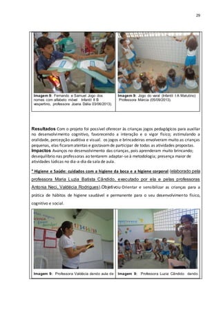 29
Imagem 9: Fernando e Samuel Jogo dos
nomes com alfabeto móvel Infantil II B
vespertino, professora Joana Dália 03/06/2013).
Imagem 9: Jogo do varal (Infantil I A Matutino)
Professora Márcia (05/09/2013).
Resultados Com o projeto foi possível oferecer às crianças jogos pedagógicos para auxiliar
no desenvolvimento cognitivo, favorecendo a interação e o vigor físico; estimulando a
oralidade, percepção auditiva e visual. os jogos e brincadeiras envolveram muito as crianças
pequenas, elas ficaramatentas e gostavamde participar de todas as atividades propostas.
Impactos Avanços no desenvolvimento das crianças, pois aprenderam muito brincando;
desequilíbrio nas professoras ao tentarem adaptar-se à metodologia; presença maior de
atividades lúdicas no dia-a-dia da sala de aula.
* Higiene e Saúde: cuidados com a higiene da boca e a higiene corporal (elaborado pela
professora Maria Luzia Batista Cândido, executado por ela e pelas professoras
Antonia Neci, Valdécia Rodrigues).Objetivou Orientar e sensibilizar as crianças para a
prática de hábitos de higiene saudável e permanente para o seu desenvolvimento físico,
cognitivo e social.
Imagem 9: Professora Valdécia dando aula de Imagem 9: Professora Luzia Cândido dando
 