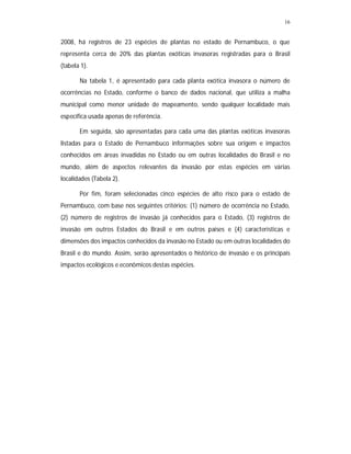 16
2008, há registros de 23 espécies de plantas no estado de Pernambuco, o que
representa cerca de 20% das plantas exóticas invasoras registradas para o Brasil
(tabela 1).
Na tabela 1, é apresentado para cada planta exótica invasora o número de
ocorrências no Estado, conforme o banco de dados nacional, que utiliza a malha
municipal como menor unidade de mapeamento, sendo qualquer localidade mais
específica usada apenas de referência.
Em seguida, são apresentadas para cada uma das plantas exóticas invasoras
listadas para o Estado de Pernambuco informações sobre sua origem e impactos
conhecidos em áreas invadidas no Estado ou em outras localidades do Brasil e no
mundo, além de aspectos relevantes da invasão por estas espécies em várias
localidades (Tabela 2).
Por fim, foram selecionadas cinco espécies de alto risco para o estado de
Pernambuco, com base nos seguintes critérios: (1) número de ocorrência no Estado,
(2) número de registros de invasão já conhecidos para o Estado, (3) registros de
invasão em outros Estados do Brasil e em outros países e (4) características e
dimensões dos impactos conhecidos da invasão no Estado ou em outras localidades do
Brasil e do mundo. Assim, serão apresentados o histórico de invasão e os principais
impactos ecológicos e econômicos destas espécies.
 