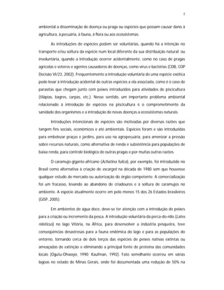5
ambiental a disseminação de doença ou praga ou espécies que possam causar dano à
agricultura, à pecuária, à fauna, à flora ou aos ecossistemas.
As introduções de espécies podem ser voluntárias, quando há a intenção no
transporte e/ou soltura da espécie num local diferente da sua distribuição natural; ou
involuntária, quando a introdução ocorrer acidentalmente, como no caso de pragas
agrícolas e vetores e agentes causadores de doenças, como vírus e bactérias (CDB, COP
Decisão VI/23, 2002). Frequentemente a introdução voluntária de uma espécie exótica
pode levar à introdução acidental de outras espécies a ela associada, como é o caso de
parasitas que chegam junto com peixes introduzidos para atividades de piscicultura
(tilápias, bagres, carpas, etc.). Nesse sentido, um importante problema ambiental
relacionado à introdução de espécies na piscicultura é o comprometimento da
sanidade dos organismos e a introdução de novas doenças a ecossistemas naturais.
Introduções intencionais de espécies são motivadas por diversas razões que
tangem fins sociais, econômicos e até ambientais. Espécies foram e são introduzidas
para embelezar praças e jardins, para uso na agropecuária, para amenizar a pressão
sobre recursos naturais, como alternativa de renda e subsistência para populações de
baixa renda, para controle biológico de outras pragas e por muitas outras razões.
O caramujo-gigante-africano (Achatina fulica), por exemplo, foi introduzido no
Brasil como alternativa à criação de escargot na década de 1980 sem que houvesse
qualquer estudo de mercado ou autorização do órgão competente. A comercialização
foi um fracasso, levando ao abandono de criadouros e à soltura de caramujos no
ambiente. A espécie atualmente ocorre em pelo menos 15 dos 26 Estados brasileiros
(GISP, 2005).
Em ambientes de água doce, deve-se ter atenção com a introdução de peixes
para a criação ou incremento da pesca. A introdução voluntária da perca-do-nilo (Lates
niloticus) no lago Vitória, na África, para desenvolver a indústria pesqueira, teve
conseqüências desastrosas para a fauna endêmica do lago e para as populações do
entorno, tornando cerca de dois terços das espécies de peixes nativas extintas ou
ameaçadas de extinção e eliminando a principal fonte de proteína das comunidades
locais (Ogutu-Ohwayo, 1990; Kaufman, 1992). Fato semelhante ocorreu em várias
lagoas no estado de Minas Gerais, onde foi documentada uma redução de 50% na
 