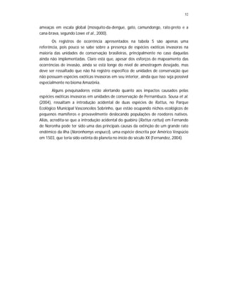52


ameaças em escala global (mosquito-da-dengue, gato, camundongo, rato-preto e a
cana-brava, segundo Lowe et al., 2000).
       Os registros de ocorrência apresentados na tabela 5 são apenas uma
referência, pois pouco se sabe sobre a presença de espécies exóticas invasoras na
maioria das unidades de conservação brasileiras, principalmente no caso daquelas
ainda não implementadas. Claro está que, apesar dos esforços de mapeamento das
ocorrências de invasão, ainda se está longe do nível de amostragem desejado, mas
deve ser ressaltado que não há registro específico de unidades de conservação que
não possuam espécies exóticas invasoras em seu interior, ainda que isso seja possível
especialmente no bioma Amazônia.
        Alguns pesquisadores estão alertando quanto aos impactos causados pelas
espécies exóticas invasoras em unidades de conservação de Pernambuco. Sousa et al.
(2004), ressaltam a introdução acidental de duas espécies de Rattus, no Parque
Ecológico Municipal Vasconcelos Sobrinho, que estão ocupando nichos ecológicos de
pequenos mamíferos e provavelmente deslocando populações de roedores nativos.
Aliás, acredita-se que a introdução acidental do guabirú (Rattus rattus) em Fernando
de Noronha pode ter sido uma das principais causas da extinção de um grande rato
endêmico da ilha (Noronhomys vespucci), uma espécie descrita por Américo Vespúcio
em 1503, que teria sido extinta do planeta no início do século XX (Fernandez, 2004).
 