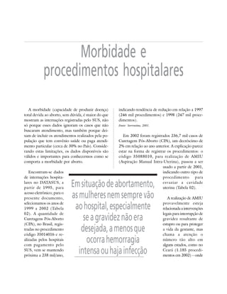 15



                   Morbidade e
            procedimentos hospitalares
   A morbidade (capacidade de produzir doença)       indicando tendência de redução em relação a 1997
total devida ao aborto, sem dúvida, é maior do que   (246 mil procedimentos) e 1998 (247 mil proce-
mostram as internações registradas pelo SUS, não     dimentos).
só porque esses dados ignoram os casos que não       Fonte: Sorrentino, 2001.
buscaram atendimento, mas também porque dei-
xam de incluir os atendimentos realizados pela po-      Em 2002 foram registrados 236,7 mil casos de
pulação que tem convênio saúde ou paga atendi-       Curetagem Pós-Aborto (CPA), um decréscimo de
mento particular (cerca de 30% no País). Conside-    2% em relação ao ano anterior. A explicação parece
rando estas limitações, os dados disponíveis são     estar na forma de registrar os procedimentos: o
válidos e importantes para conhecermos como se       código 35088010, para realização de AMIU
comporta a morbidade por aborto.                     (Aspiração Manual Intra-Uterina), passou a ser
                                                                              usado a partir de 2001,
   Encontram-se dados                                                         indicando outro tipo de
de internações hospita-                                                       procedimento        para
lares no DATASUS, a
partir de 1995, para        Em situação de abortamento,                       esvaziar a cavidade
                                                                              uterina (Tabela 02).
acesso eletrônico; para o
presente documento,         as mulheres nem sempre vão                             A realização de AMIU
selecionamos os anos de
1999 a 2002 (Tabela          ao hospital, especialmente                         provavelmente esteja
                                                                                relacionada a intervenções
02). A quantidade de                                                            legais para interrupção de
Curetagens Pós-Aborto
(CPA), no Brasil, regis-
                                 se a gravidez não era                          gravidez resultante de
                                                                                estupro ou para proteger
tradas no procedimento
código 35014016 e re-
                                desejada, a menos que                           a vida da gestante, mas
                                                                                chama a atenção o
alizadas pelos hospitais
com pagamento pelo
                                  ocorra hemorragia                             número tão alto em
                                                                                alguns estados, como no
SUS, vem se mantendo
próxima a 238 mil/ano,
                               intensa ou haja infecção                         Ceará (1.185 procedi-
                                                                                mentos em 2002) – onde
 