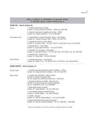 ANEXO 3   37

                         ANEXO 3: SERVIÇOS DE ATENDIMENTO ÀS MULHERES VÍTIMAS
                             DE VIOLÊNCIA SEXUAL E ABORTO PREVISTO EM LEI

REGIÃO SUL - Total de serviços: 08
Paraná                    1. Hospital das Clínicas do Paraná
                          Contato: Dr. Rosires Pereira de Andrade – Tel/Fax: (41) 360-1865
                          2. Hospital Universitário Evangélico de Curitiba – FEPAR
                          Contato: Dra. Celeste Semeterco – Tel: (41) 240-5000

Rio Grande do Sul         1. Hospital Materno-Infantil Presidente Vargas – Porto Alegre
                          Contato: Drª. Jussara Rodrigues Vidal – Tel/Fax: (51) 287-7312
                          2. Hospital das Clínicas de Porto Alegre
                          Contato: Dr. Fernando Freitas – Tel: (51) 316 8117 e 222-1455 ou Fax: (51) 316-8148
                          3. Hospital Femina – Porto Alegre
                          Contato: Dr. Jorge Inácio Hartmann – Tel: (51) 311-0744
                          4. Hospital N. Sa. Conceição – Porto Alegre
                          Contato: Dr. José Bornelli Ricon – Tel: (51) 222-1455 e 341-1300 ou Fax: (51) 222-1556
                          5. Hospital Geral – Caxias do Sul
                          Contato: Drª. Sônia Madi – Tel: (54) 229-4444

Santa Catarina            1. Hospital Universitário – Florianópolis
                          Contato: Drª. Beatriz K. Gil – Tel: (48) 331-9137 e 331-9100 ou Fax: (48) 244-3014


REGIÃO SUDESTE - Total de serviços: 16

Espírito Santo            1. Hospital Universitário Cassiano Antônio de Moraes – Vitória
                          Contato: Drª. Margarita Martin de Mateos – Tel: (27) 3335-7184

Minas Gerais              1. Hospital Júlia Kubitschek – Belo Horizonte
                          Contato: Dr. Antonio Guimarães Filho
                          Tel: (31) 3322-2727, 3322-2723, 3322-2721 e 3322-2722
                          2. Hospital das Clínicas da UFMG – Belo Horizonte
                          Contato: Dr. Ricardo Castanheira Pimenta Figueiredo
                          Tel: (31) 3248-9379 ou Fax: (31) 3248-9380
                          3. Maternidade Pública de Betim*
                          Contato: Drª. Paula Elisabete – Tel: (31) 3591-3411
                          4. Universidade Estadual de Montes Claros*
                          Contato: Dr. Hubert Caldeira – Tel: (38) 3229-8529
                          5. CAISM – Uberaba*
                          Contato: Drª. Zélia de Oliveira Barbosa – Tel: (34) 3314-6608
                          6. Maternidade Pública Municipal de Contagem*
                          Contato: Dr. Jefferson Ambrósio Brandão – Tel: (31) 3363-5301 / 3363-5298


                          *Serviço está implantado, mas não houve nenhuma solicitação até fevereiro de 2005
 