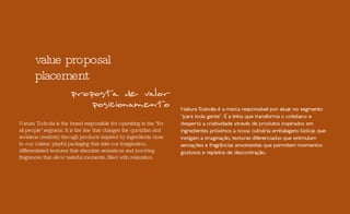Natura Tododia is the brand responsible for operating in the "for all people" segment. It is the line that changes the quotidian and awakens creativity through products inspired by ingredients close to our cuisine: playful packaging that stirs our imagination, differentiated textures that stimulate sensations and involving fragrances that allow tasteful moments, filled with relaxation. value proposal placement 